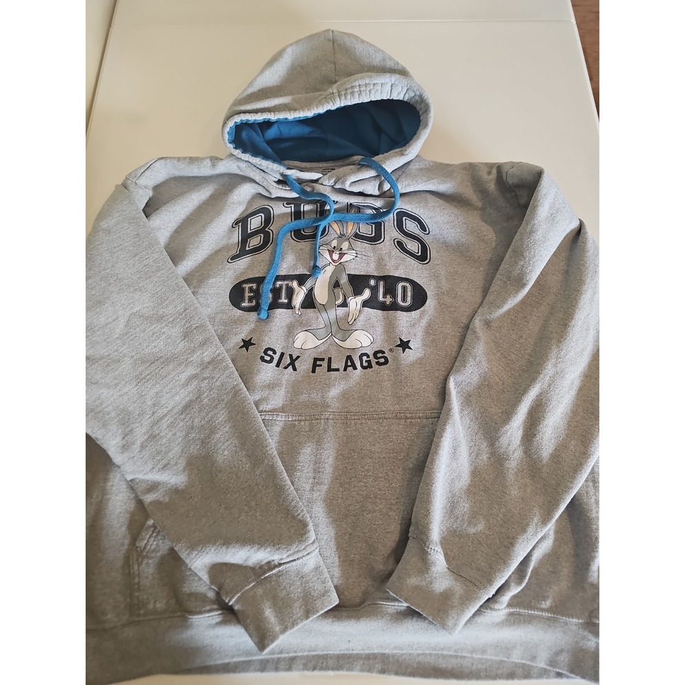 Looney Tunes Bugs Bunny Six Flags Hoodie Womens 2XL‎ Gray Graphic Pullover